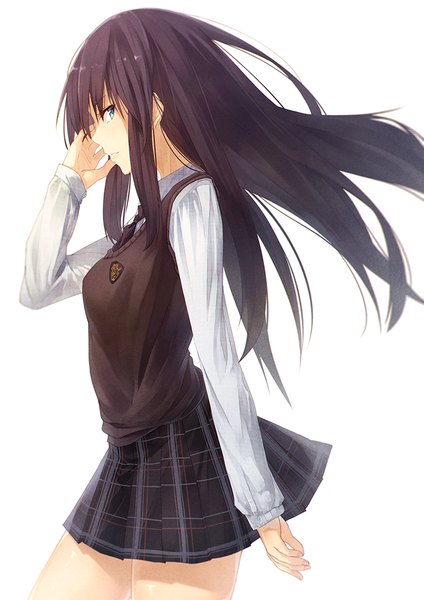 Anime picture 724x1024 with original ibuki notsu single long hair tall image looking at viewer blue eyes simple background brown hair standing white background long sleeves profile pleated skirt light smile wind sunlight shadow adjusting hair plaid skirt