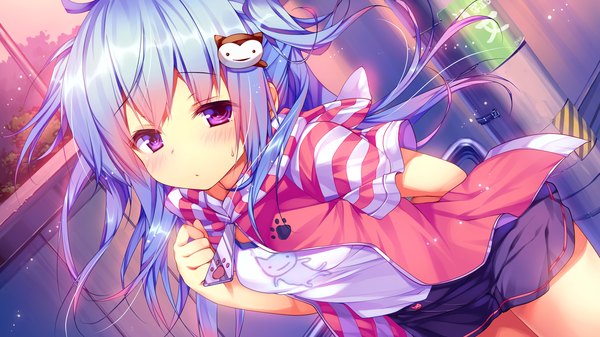 Anime picture 2560x1440 with shirogane x spirits! giga nakano mei kino (kino konomi) single long hair looking at viewer blush fringe highres wide image purple eyes twintails blue hair game cg ahoge outdoors sunlight dutch angle sunbeam