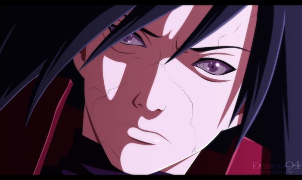 Anime picture 1164x698 with naruto studio pierrot naruto (series) uchiha madara fabiansm single long hair black hair simple background wide image purple eyes coloring black background letterboxed close-up face rinnegan boy