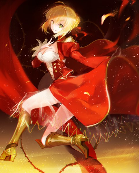 Anime picture 1500x1869 with fate (series) fate/extra nero claudius (fate) (all) nero claudius (fate) juexing (moemoe3345) single tall image looking at viewer fringe short hair breasts blonde hair hair between eyes large breasts green eyes full body ahoge bent knee (knees) jumping underbust