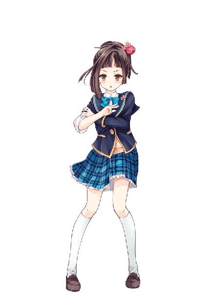 Anime picture 640x880 with girlfriend (kari) isezaki ikuho qp:flapper single tall image looking at viewer blush fringe short hair open mouth brown hair brown eyes full body official art victory transparent background twisty sleeves girl uniform hair ornament