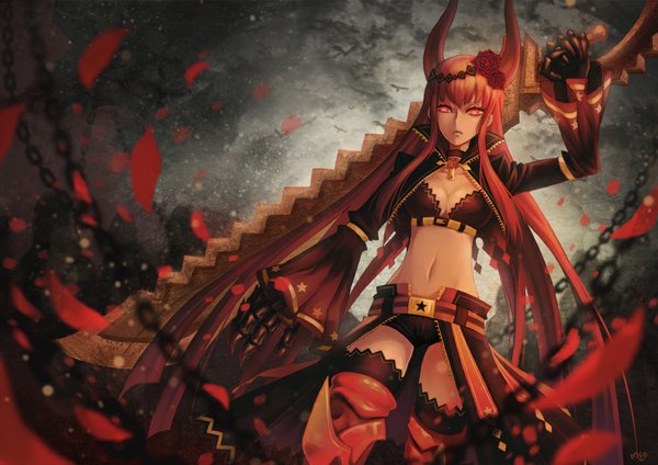 Anime picture 1000x707 with black rock shooter black gold saw meoon single long hair looking at viewer red eyes cloud (clouds) red hair night open clothes open jacket alternate costume night sky girl gloves weapon animal petals sword