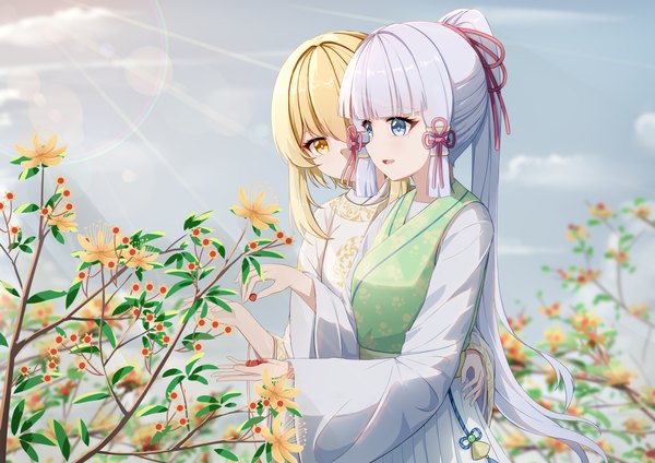 Anime picture 4093x2894 with genshin impact lumine (genshin impact) kamisato ayaka mxirony long hair fringe highres short hair open mouth blue eyes blonde hair smile standing multiple girls yellow eyes payot looking away absurdres sky silver hair