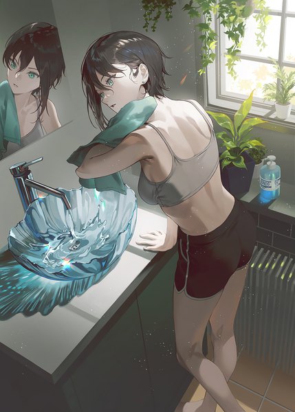 Anime-Bild 1072x1500 mit original fajyobore single tall image fringe short hair breasts light erotic black hair hair between eyes standing looking away indoors parted lips arm up aqua eyes from above sunlight arm support leaning