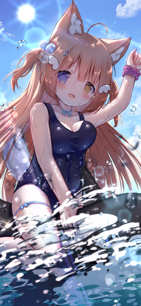 Anime picture 900x1950 with original siera (sieracitrus) single long hair tall image looking at viewer blush fringe breasts open mouth light erotic smile brown hair large breasts sitting cloud (clouds) ahoge outdoors blunt bangs :d