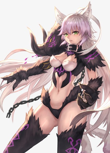 Anime picture 2140x2980 with fate (series) fate/grand order atalanta (fate) atalanta (alter) (fate) doratama123 single long hair tall image looking at viewer blush fringe highres breasts light erotic simple background hair between eyes standing white background green eyes animal ears