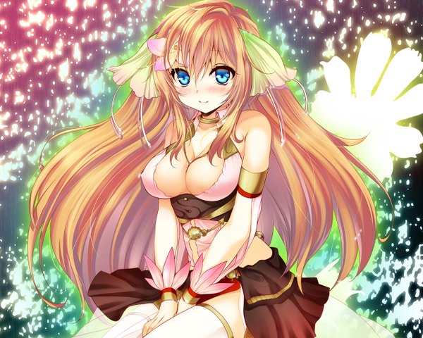 Anime picture 1280x1024 with surge concerto: ciel nosurge gust (company) ionasal kkll preciel single long hair blush breasts blue eyes light erotic smile brown hair bare shoulders hair flower girl hair ornament