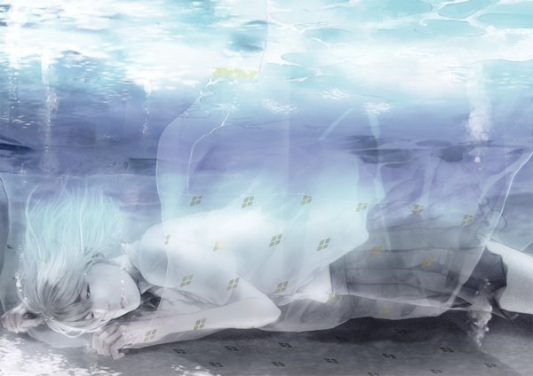 Anime picture 1754x1240 with original hitaki azami single looking at viewer highres short hair open mouth blonde hair lying pleated skirt black eyes on stomach underwater girl skirt shirt water bubble (bubbles)