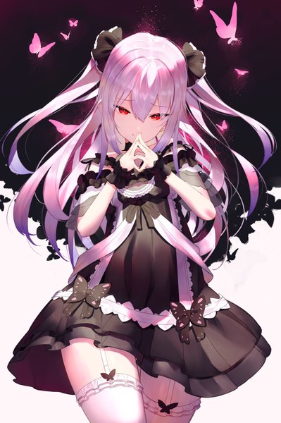 Anime picture 2094x3150 with virtual youtuber hololive uruha rushia uruha rushia (3rd costume) scottie (phantom2) single long hair tall image fringe highres hair between eyes red eyes pink hair two side up fingers together girl thighhighs dress white thighhighs black dress