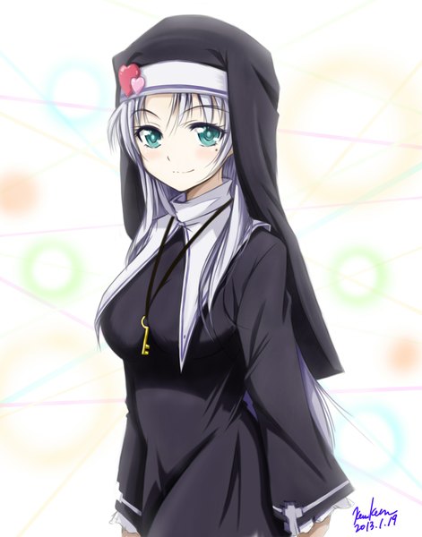 Anime picture 1382x1761 with boku wa tomodachi ga sukunai takayama kate kem kem single long hair tall image blue eyes signed white hair nun girl key