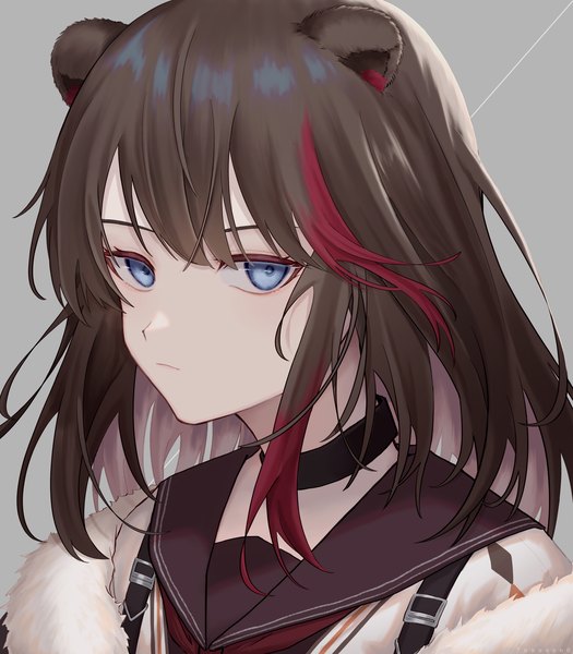 Anime picture 3500x4000 with arknights zima (arknights) wozuya single long hair tall image looking at viewer highres blue eyes simple background brown hair animal ears absurdres multicolored hair grey background streaked hair portrait colored inner hair bear ears girl