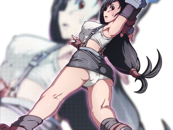 Anime picture 1280x960 with final fantasy final fantasy vii square enix tifa lockhart tabigarasu single blush breasts light erotic black hair large breasts brown eyes ass looking back from behind armpit (armpits) pantyshot erect nipples covered nipples zoom layer