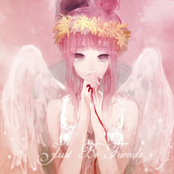 Anime picture 800x800 with vocaloid just be friends (vocaloid) megurine luka shell (pixiv) looking at viewer fringe short hair pink hair pink eyes hair bun (hair buns) tears text angel wings crying back to back girl boy ribbon (ribbons) wings thread