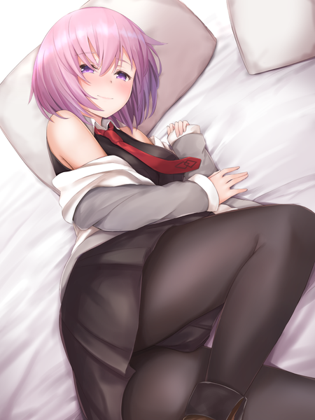 Anime picture 1620x2160 with fate (series) fate/grand order mash kyrielight maosame single tall image looking at viewer blush fringe short hair breasts light erotic smile large breasts purple eyes bare shoulders pink hair bent knee (knees) lying hair over one eye