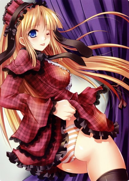 Anime picture 1919x2678 with tall image highres blue eyes light erotic blonde hair ass one eye closed wink pantyshot girl dress underwear panties striped panties