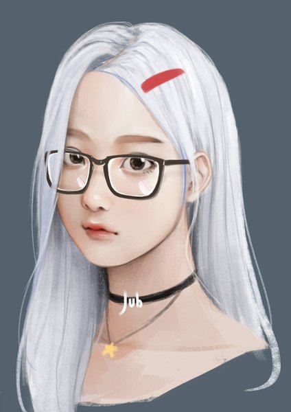 Anime picture 1191x1684 with original mio (jubi) jubi (regiana) single long hair tall image looking at viewer brown eyes signed white hair realistic grey background lipstick portrait red lipstick girl choker glasses hairclip star (symbol)