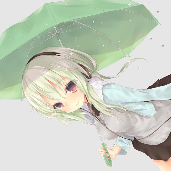 Anime picture 800x800 with original kojiki-life single long hair blush simple background smile holding brown eyes pleated skirt green hair grey background open clothes open jacket rain girl skirt uniform school uniform necktie