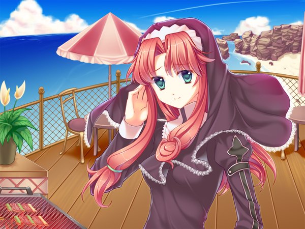 Anime picture 1600x1200 with falcom (studio) ries argent 33paradox single long hair smile green eyes sky cloud (clouds) red hair girl flower (flowers) sea beach umbrella