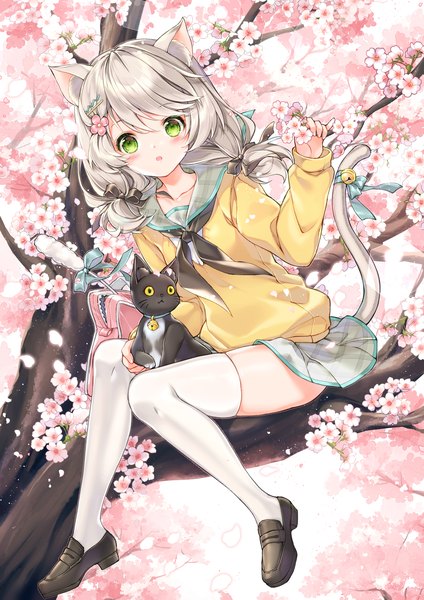 Anime-Bild 1488x2105 mit original juna single long hair tall image looking at viewer blush sitting twintails green eyes animal ears silver hair full body outdoors tail animal tail cat ears cat girl cat tail low twintails