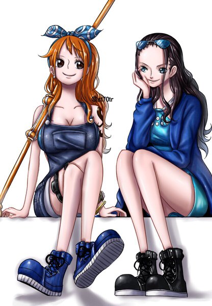 Anime picture 832x1200 with one piece one piece: stampede toei animation nami (one piece) nico robin stt0tr long hair tall image fringe breasts blue eyes light erotic black hair simple background smile large breasts white background sitting bare shoulders multiple girls