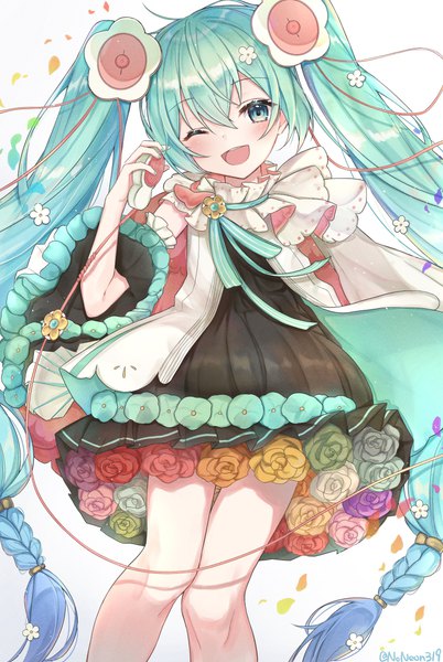 Anime picture 2426x3622 with vocaloid magical mirai (vocaloid) hatsune miku magical mirai miku magical mirai miku (2021) noneon319 single tall image looking at viewer blush fringe highres open mouth hair between eyes twintails very long hair one eye closed hair flower aqua eyes wink