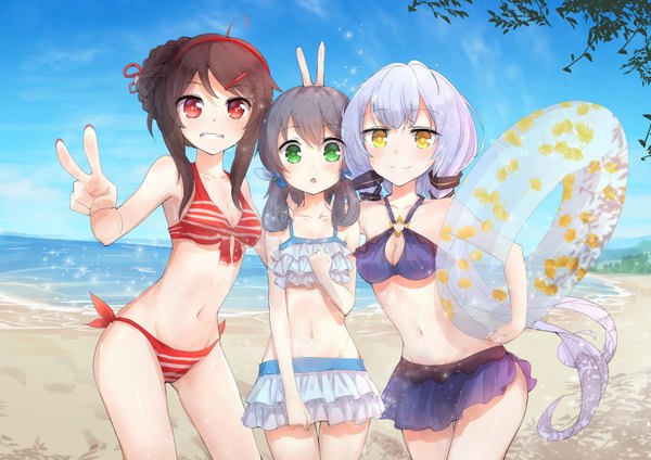 Anime picture 1920x1358 with vocaloid vocaloid china luo tianyi yuezheng ling byakuya reki long hair blush fringe highres open mouth hair between eyes red eyes brown hair standing bare shoulders multiple girls green eyes yellow eyes pink hair sky
