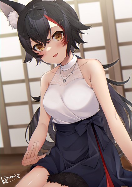 Anime picture 1178x1666 with virtual youtuber hololive ookami mio ookami mio (5th costume) izumi kei single long hair tall image looking at viewer blush fringe open mouth black hair smile hair between eyes sitting signed animal ears yellow eyes payot
