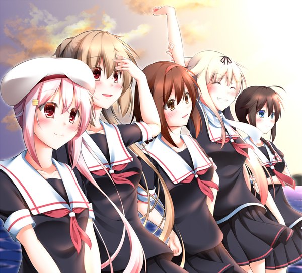 Anime picture 1149x1041 with kantai collection shigure destroyer yuudachi destroyer murasame destroyer harusame destroyer shiratsuyu destroyer narukami ginryuu long hair blush short hair open mouth blue eyes black hair blonde hair red eyes brown hair multiple girls brown eyes pink hair sky