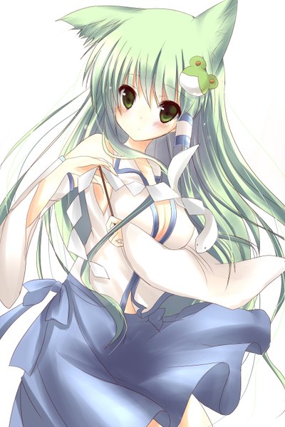 Anime picture 1000x1500 with touhou kochiya sanae amane ruri single long hair tall image looking at viewer blush light erotic simple background white background green eyes animal ears green hair girl hair ornament detached sleeves hairclip hair tubes