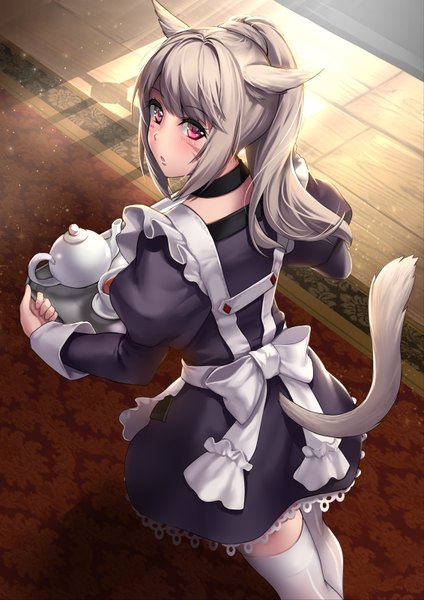 Anime picture 566x800 with final fantasy final fantasy xiv square enix miqo'te aruma jiki single long hair tall image looking at viewer blush fringe brown hair holding animal ears ponytail indoors tail animal tail pink eyes looking back