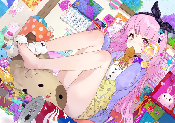 Anime picture 1915x1350 with original tonito long hair looking at viewer blush fringe highres light erotic sitting holding pink hair pink eyes hair flower open clothes bare legs dutch angle mouth hold convenient censoring girl hair ornament