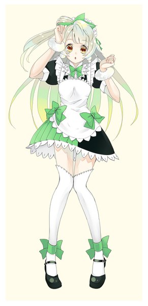 Anime picture 800x1650 with love live! school idol project sunrise (studio) love live! minami kotori kochakko single long hair tall image looking at viewer simple background brown eyes silver hair full body maid one side up border knees touching girl thighhighs uniform