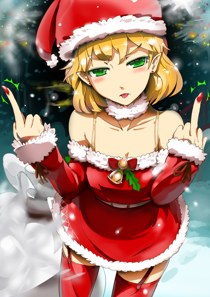 Anime picture 1447x2046 with touhou mizuhashi parsee sinzan single tall image looking at viewer blush fringe short hair blonde hair bare shoulders green eyes outdoors head tilt fingernails pointy ears alternate costume zettai ryouiki fur trim snowing