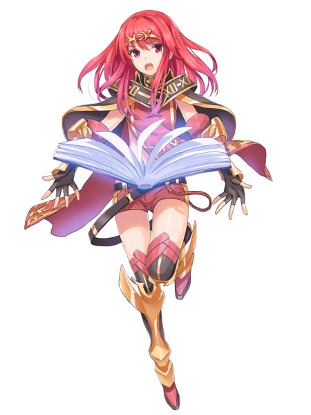 Anime picture 2100x2800 with fire emblem celica (fire emblem) saitom single long hair tall image highres open mouth simple background red eyes white background red hair girl thighhighs black thighhighs shorts fingerless gloves book (books)