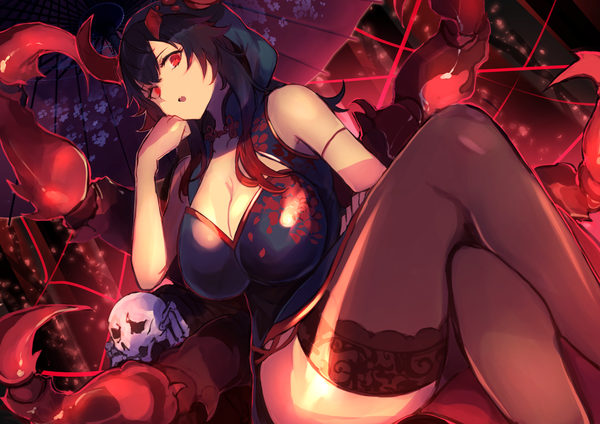 Anime picture 2828x2000 with original tomocha (tmc tmc8) single long hair looking at viewer fringe highres breasts open mouth light erotic black hair hair between eyes red eyes large breasts sitting cleavage bent knee (knees) traditional clothes head tilt horn (horns)