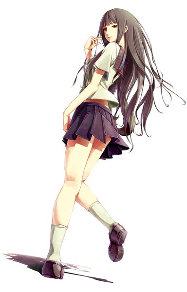 Anime picture 600x937 with sayonara zetsubou sensei shaft (studio) itoshiki rin sousou (sousouworks) single long hair tall image looking at viewer fringe simple background brown hair standing white background payot full body blunt bangs pleated skirt looking back shadow from below