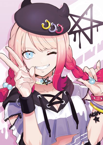 Anime picture 1000x1414 with virtual youtuber alice hinomoto puppeteer7777 single long hair tall image looking at viewer fringe blue eyes smile payot pink hair upper body braid (braids) one eye closed horn (horns) wink sparkle shadow fang (fangs)