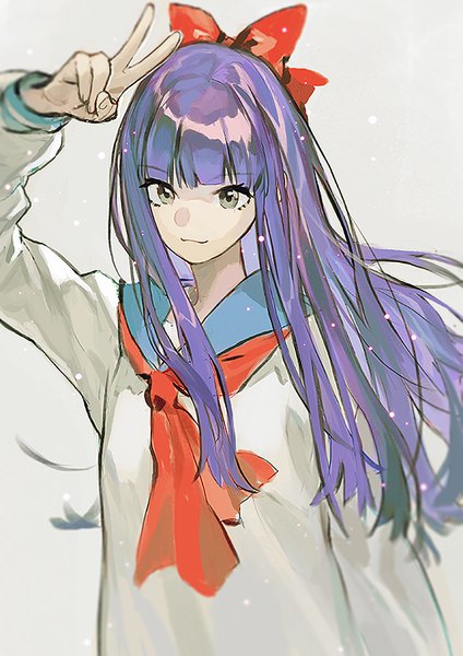 Anime picture 566x800 with poptepipic pop team epic pipimi qiqu single long hair tall image fringe simple background looking away purple hair upper body arm up wind grey background grey eyes victory :3 girl uniform