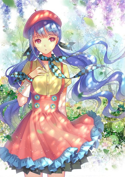 Anime picture 849x1200 with vocaloid xin hua tidsean single long hair tall image looking at viewer fringe standing twintails blue hair purple hair parted lips pink eyes wind sunlight hand on chest checkered girl flower (flowers)