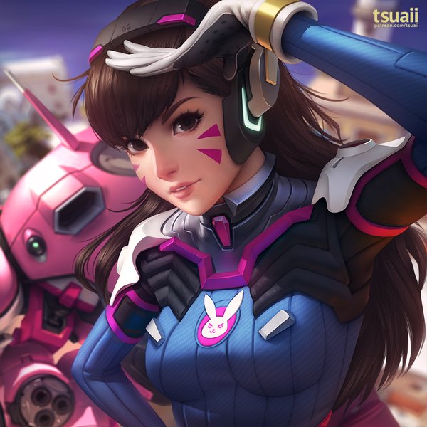 Anime picture 900x900 with overwatch blizzard entertainment d.va (overwatch) meka (overwatch) tsuaii single long hair fringe breasts brown hair brown eyes signed upper body blunt bangs parted lips light smile lips blurry realistic inscription