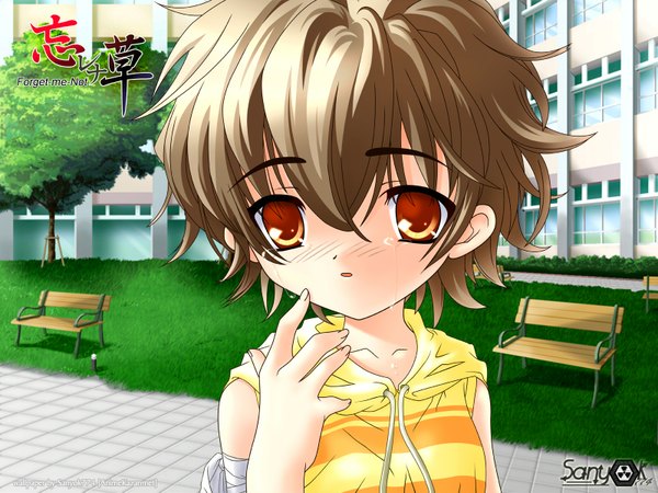 Anime picture 1600x1200 with wasurenagusa - forget-me-not sakazaki koyori itou noiji sanyok774 single looking at viewer fringe short hair open mouth hair between eyes brown hair brown eyes signed upper body outdoors hieroglyph face hand to mouth girl plant (plants)