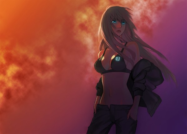 Anime picture 1400x1000 with vocaloid megurine luka aishiro1022 single long hair fringe breasts open mouth blue eyes light erotic looking away pink hair cloud (clouds) lips open clothes evening sunset hands in pockets girl navel