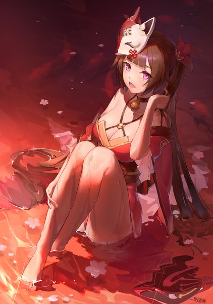 Anime picture 4535x6449 with honkai: star rail honkai (series) sparkle (honkai: star rail) wrddd single long hair tall image fringe highres breasts open mouth light erotic smile brown hair sitting twintails bare shoulders payot absurdres bent knee (knees)