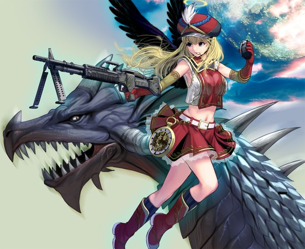 Anime picture 1469x1200 with original masao single long hair looking at viewer blue eyes blonde hair holding flying black wings fantasy girl skirt navel weapon hat miniskirt wings boots belt