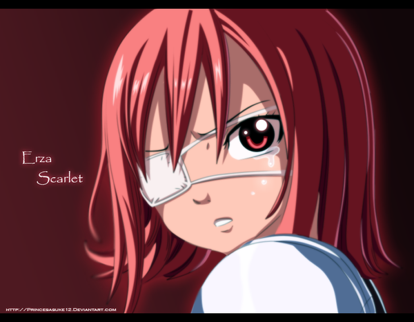 Anime picture 1000x779 with fairy tail erza scarlet akira-12 single short hair red eyes red hair looking back inscription loli tears coloring portrait face red background girl eyepatch