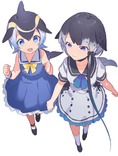 Anime picture 700x923 with kemono friends common dolphin (kemono friends) narwhal (kemono friends) heiwa (murasiho) tall image short hair open mouth blue eyes black hair simple background white background multiple girls blue hair full body tail :d multicolored hair from above short sleeves sleeveless