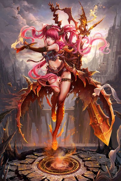 Anime picture 1000x1500 with perfect world sunmomo single tall image fringe breasts pink hair sky cleavage cloud (clouds) very long hair horn (horns) light smile lips pointy ears midriff orange eyes tattoo glowing girl