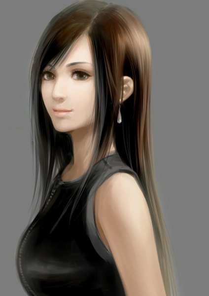Anime-Bild 1000x1414 mit final fantasy vii tifa lockhart ask (askzy) single long hair tall image looking at viewer simple background brown hair bare shoulders brown eyes realistic grey background girl earrings