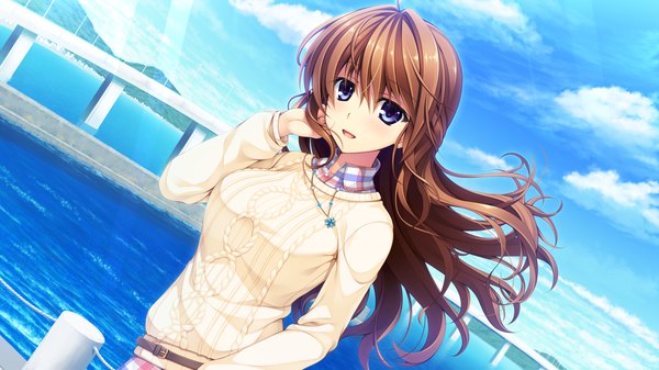 Anime picture 2194x1234 with pretty x cation 2 hibiki works hayase chitose single long hair highres open mouth blue eyes brown hair wide image game cg sky cloud (clouds) girl pendant sweater