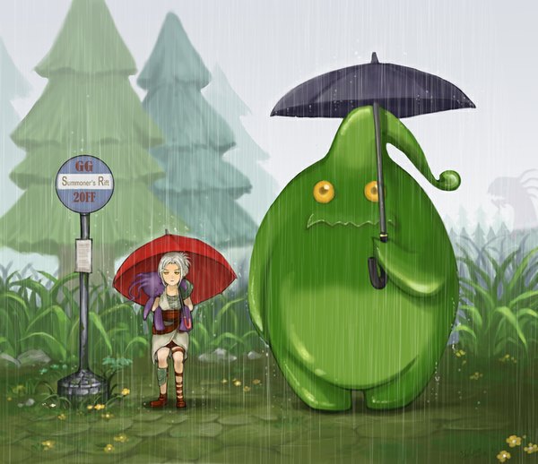 Anime picture 1000x864 with tonari no totoro league of legends studio ghibli riven (league of legends) zac (league of legends) yucao looking at viewer short hair yellow eyes silver hair rain parody monster boy slime boy girl boy umbrella slime